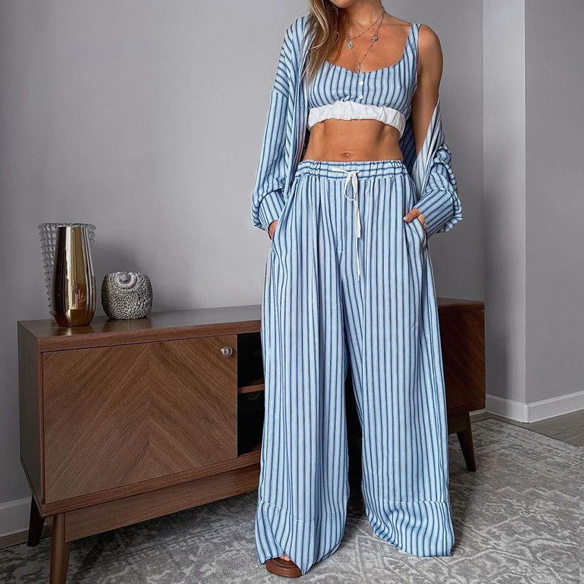 Traje de 3 piezas para mujer, top, camisa de manga larga y pantalones elásticos con cintura elástica para uso casual