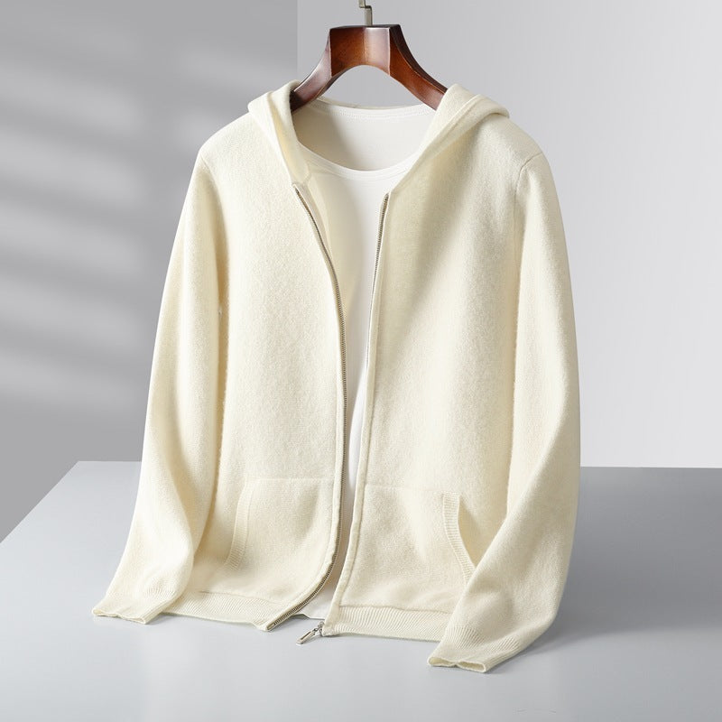 Cárdigan casual de lana con capucha y cremallera para hombre