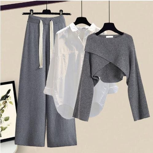 Conjunto de tres piezas de suéter con diseño de sal, top a juego, pantalones casuales adelgazantes y de pierna ancha