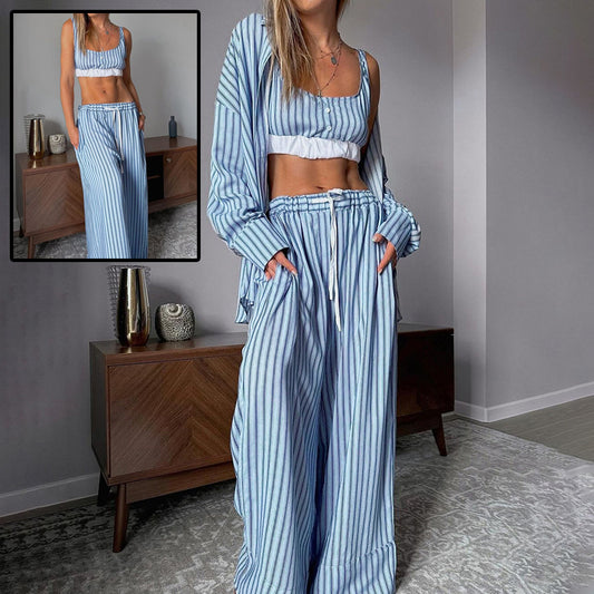 Traje de 3 piezas para mujer, top, camisa de manga larga y pantalones elásticos con cintura elástica para uso casual