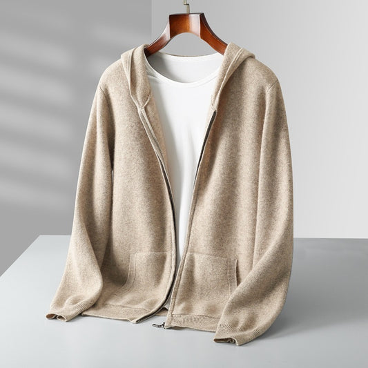 Cárdigan casual de lana con capucha y cremallera para hombre
