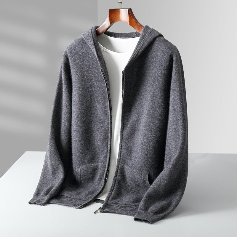 Cárdigan casual de lana con capucha y cremallera para hombre