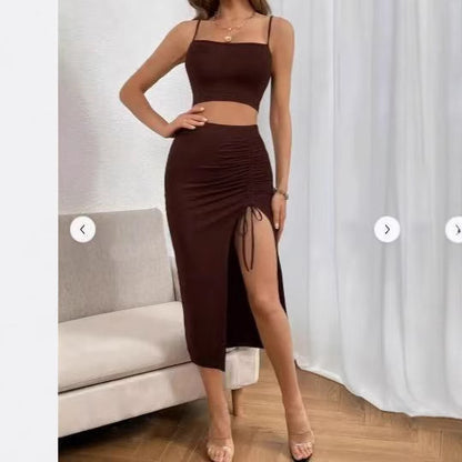 Conjunto de vestido ajustado sin mangas con abertura y largo medio para mujer