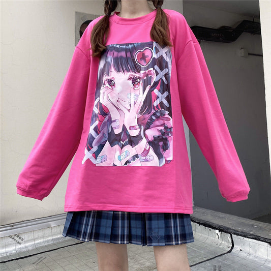 Camiseta de cuello redondo manga larga estampado anime