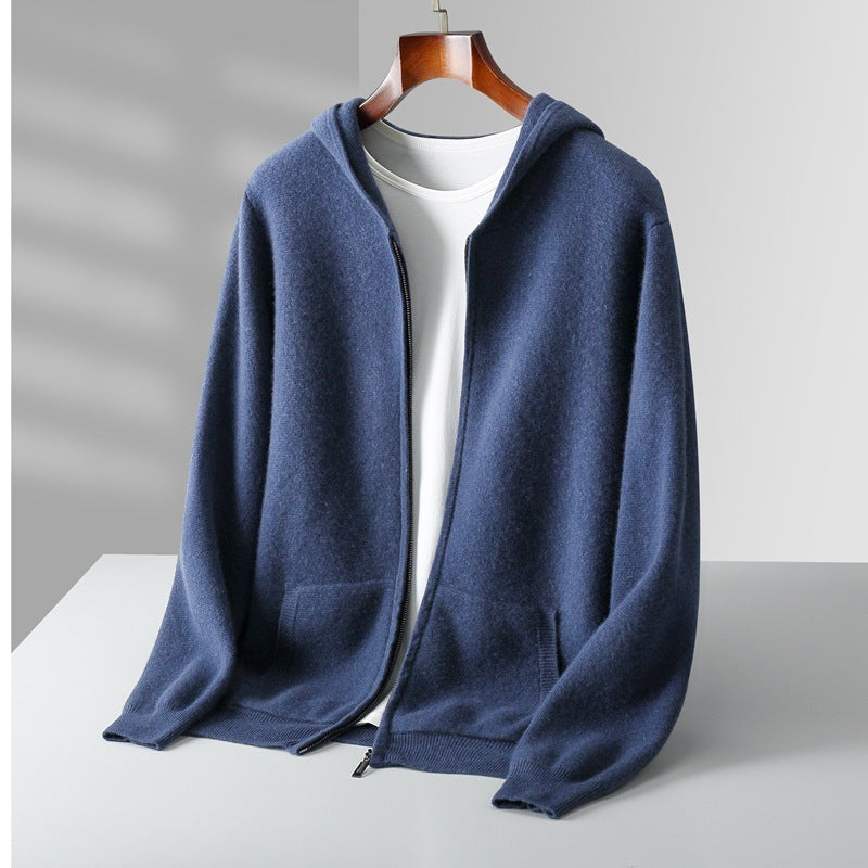 Cárdigan casual de lana con capucha y cremallera para hombre