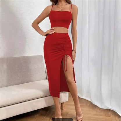 Conjunto de vestido ajustado sin mangas con abertura y largo medio para mujer
