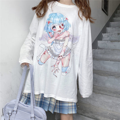 Camiseta de cuello redondo manga larga estampado anime