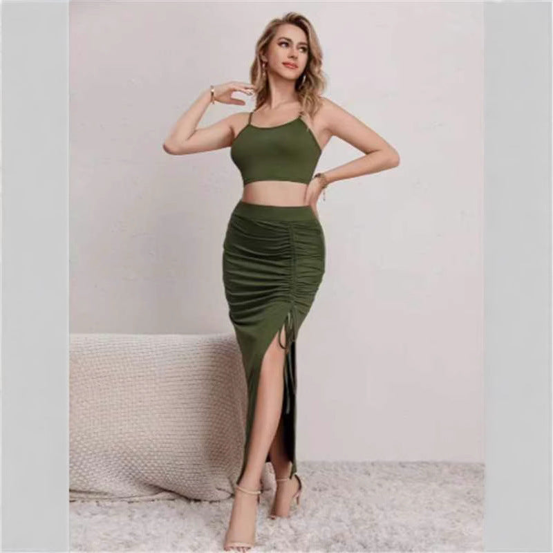 Conjunto de vestido ajustado sin mangas con abertura y largo medio para mujer