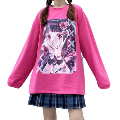 Camiseta de cuello redondo manga larga estampado anime