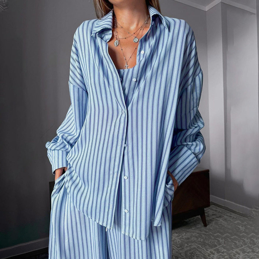 Traje de 3 piezas para mujer, top, camisa de manga larga y pantalones elásticos con cintura elástica para uso casual