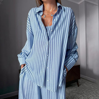 Traje de 3 piezas para mujer, top, camisa de manga larga y pantalones elásticos con cintura elástica para uso casual
