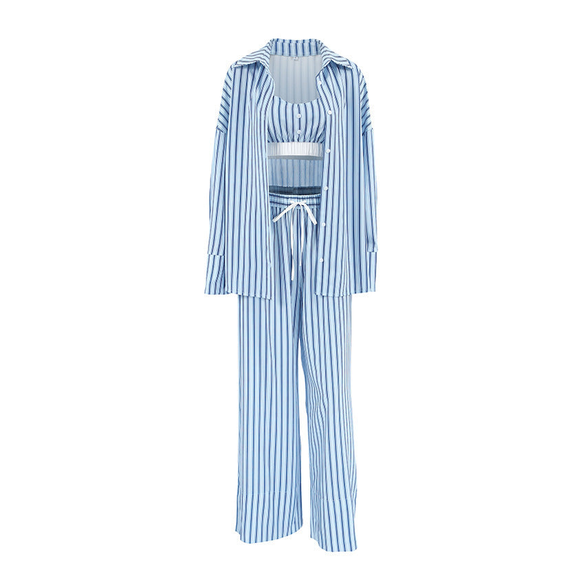 Traje de 3 piezas para mujer, top, camisa de manga larga y pantalones elásticos con cintura elástica para uso casual