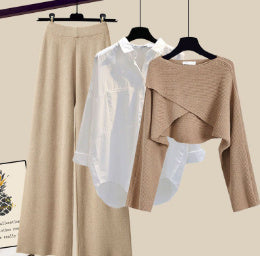 Conjunto de tres piezas de suéter con diseño de sal, top a juego, pantalones casuales adelgazantes y de pierna ancha