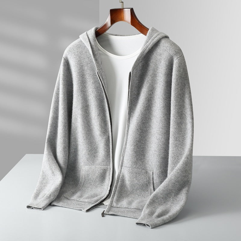 Cárdigan casual de lana con capucha y cremallera para hombre