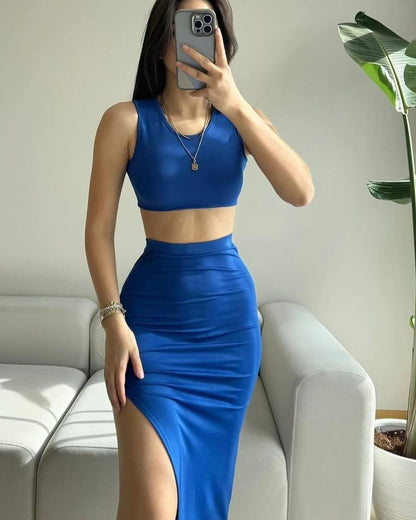 Traje de dos piezas con top y vestido tubo